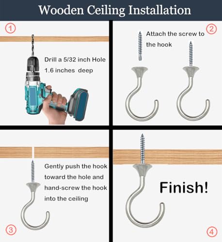 Image of Heavy Duty Ceiling Hooks for Hanging Plants 8 Pack (Silver) | Polished chrome look; holds 30 lbs on wood & concrete, 20 lbs on drywall; 2.4 inch swag hook for lights, pots & tools