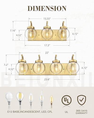 Image of Beionxii Bathroom Vanity Light, 3-Light Brushed Gold Bathroom Light Fixtures, Modern Vanity Lights with Clear Glass Shade, Wall Sconces Lighting Over Mirror Living Room Hallway, BX-VL03BG-3CG