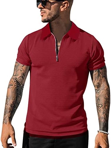 Poriff Men's Short Sleeve Zipper Polo Shirts Lightweight Golf Polos Slim Fittd Collared T-Shirt Wine Red XXL