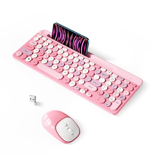 Wireless Keyboard and Mouse Combo, Retro Wireless Keyboard with Round Keycaps, 2.4GHz Full-Size USB Cute Wireless Keyboard Mouse for Computer, Desktop, Laptop and Computer