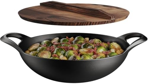 Bakken Pre-Seasoned Cast Iron Wok with Wooden Lid, 14" Stir Fry Pan for Gas, Electric, Induction & Open Fir, Heavy-Duty Flat Bottom Wok with Dual Handles for Even Heating & High-Heat Cooking, 8.8 lbs - Thumbnail 2
