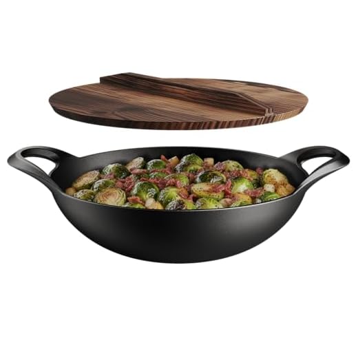 Bakken Pre-Seasoned Cast Iron Wok with Wooden Lid, 14" Stir Fry Pan for Gas, Electric, Induction & Open Fir, Heavy-Duty Flat Bottom Wok with Dual Handles for Even Heating & High-Heat Cooking, 8.8 lbs