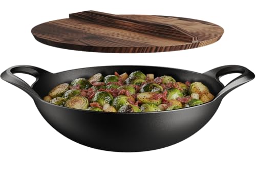 Bakken Pre-Seasoned Cast Iron Wok with Wooden Lid, 14" Stir Fry Pan for Gas, Electric, Induction & Open Fir, Heavy-Duty Flat Bottom Wok with Dual Handles for Even Heating & High-Heat Cooking, 8.8 lbs by BAKKENMASTER - Used condition - US$56.50