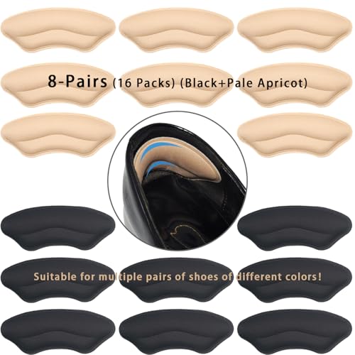 Image of 8-Pairs Heel Grips Liner Cushions Inserts for Loose Shoes, Heel Pads Snugs for Shoe Too Big Men Women, Filler Improved Shoe Fit and Comfort (16 Packs) (Black+Pale Apricot)