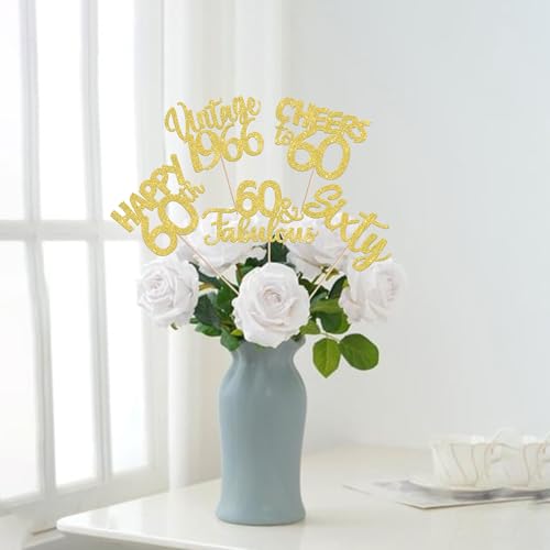 Image of 15 PCS 60th Birthday Centerpiece Sticks Sixty Happy 60th Vintage 1966 Table Flower Centerpieces Sticks Cheers to 60 Fabulous Floral Decorations for 60th Birthday Party Centerpieces Supplies Gold