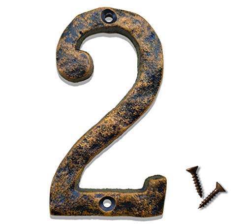 5.5 Inch House Numbers - Solid Cast Iron - Uneven Bronze Finish With Rustic Hammered Appearance - Craftsman Style Address Numbering For Home, Street, Door, Mailbox - Number 2 #TOP2