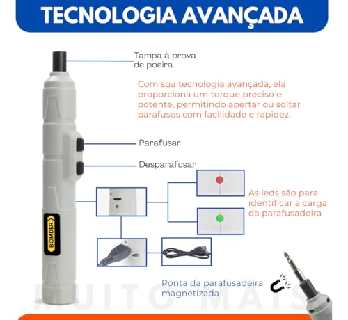 Chave de Fenda Elétrica Parafusadeira Recarregavel Sem Fio USB Leve e Portatil Kit com 12 Bits