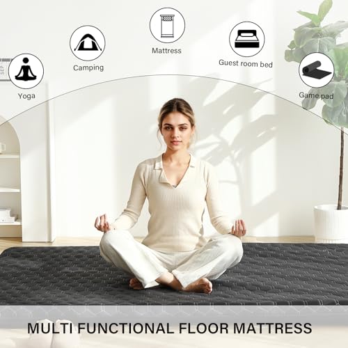 Tiita Japanese Futon Mattress Full Size – Thick Floor Sleeping Pad, Foldable Tatami Mat with Straps and Storage Bag, Portable Floor Bed for Adults, Camping, Dorm, Guest Use, Black
