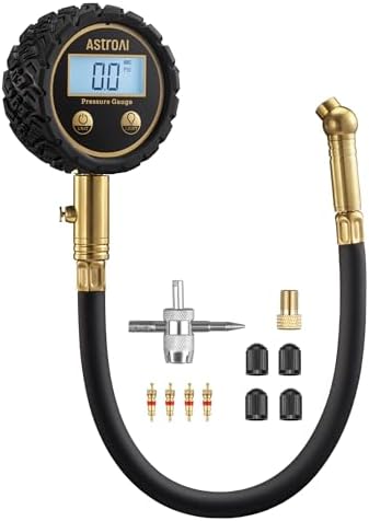 AstroAI Digital Tire Pressure Gauge 250PSI ANSI B40.7 Grade 2A (±0.5%), Tire Gauge for Tire Pressure, Solid Brass with Replaceable AAA Batteries, Rubber Hose, Air Bleeder Valve and Backlit LED, Gold