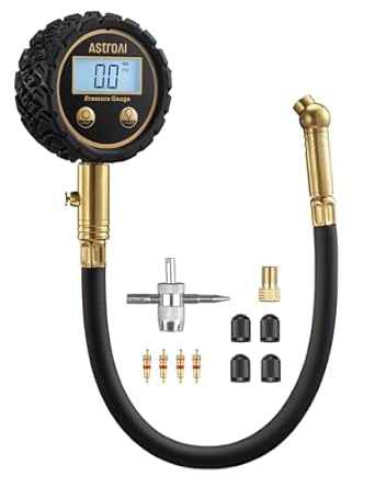 AstroAI Digital Tire Pressure Gauge 250PSI ANSI B40.7 Grade 2A (±0.5%), Tire Gauge for Tire Pressure, Solid Brass with Replaceable AAA Batteries, Rubber Hose, Air Bleeder Valve and Backlit LED, Gold