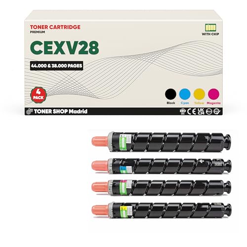 BDink Tóner Compatible Canon CEXV28 2789B002 2793B002 2797B002 2801B002 CMYK (Pack 4) con Chip para impresoras Advance C5250 C5255 C5045i C5051 Rendimiento Negro 44.000 Páginas y Color 38.000 Páginas