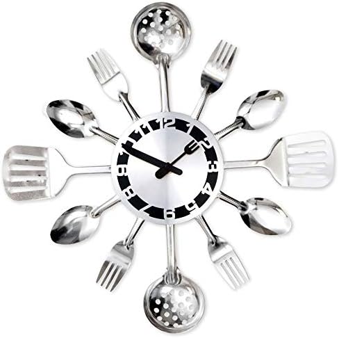 Bits and Pieces - Kitchen Utensil Clock - Silver-Toned Forks, Spoons, Spatulas Wall Clock - Contemporary Kitchen Décor, Unique Fun Gift