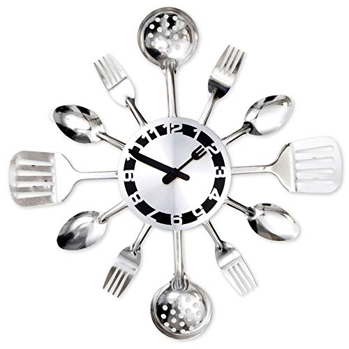 Bits and Pieces - Kitchen Utensil Clock - Silver-Toned Forks, Spoons, Spatulas Wall Clock - Contemporary Kitchen Décor, Unique Fun Gift