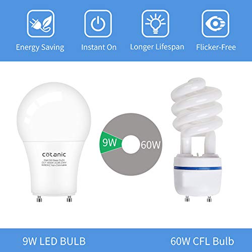 Cotanic Gu24 Light Bulb 4000K Daylight A19 Led Bulb For Ceiling Fan, 2 Prong Light Bulbs With Gu24 Twist-In Lock Base 9W 60W Cfl Replacement,900Lm,Non-Dimmable,4 Pack #TOP6