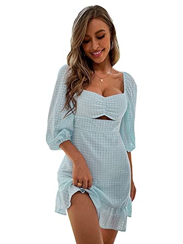 SheIn Women s Plaid Cut Out Mini A Line Dress Long Puff Sleeve Tie Back Ruffle Short Dresses Light Blue Medium