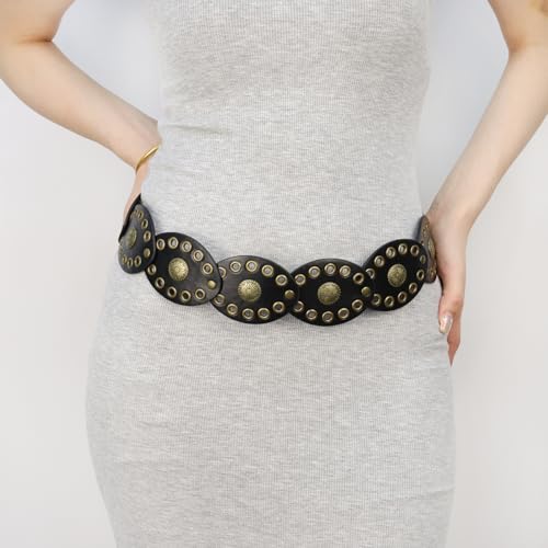 Yheahin Women Wide Western Disc Belt Boho Concho Leather Belt Vintage Hollow Metal Buckle Waist Belt for Jeans Dress Skirt (Strap B-black 2) by Yheahin - Used condition - Image 4