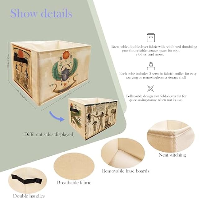 SiuSue Classic Ancient Egypt Storage Bin Box with Handles, Vintage Solar Worship Foldable Linen Fabric Home Cubes Baskets Closet Organizer Container for Clothes Toys Books