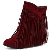 KysBloes Fringe Cowboy Boots for Women Wedge Heel Suede Ankle Boots Closed Toe Booties with Tassel Western Booties Shoes(Burgundy,US size 6.5)