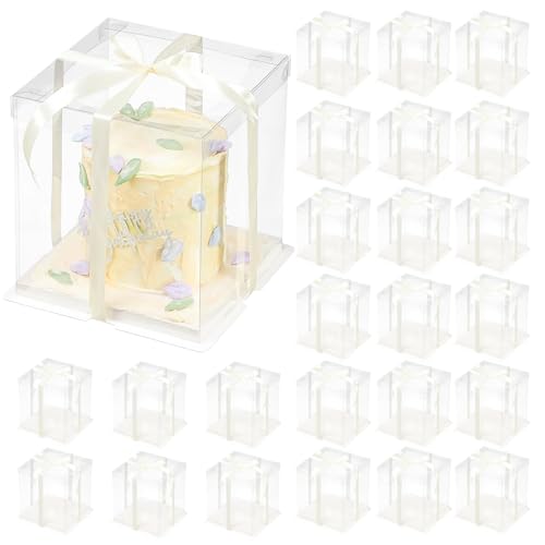 24 Pcs Clear Gift Box with Ribbon 3-Layer 10x10x12 Inch Transparent Cake Carrier Box with Lids PET Tall Cake Packaging Boxes Clear Gift Boxes for Birthday Wedding and Festival Party