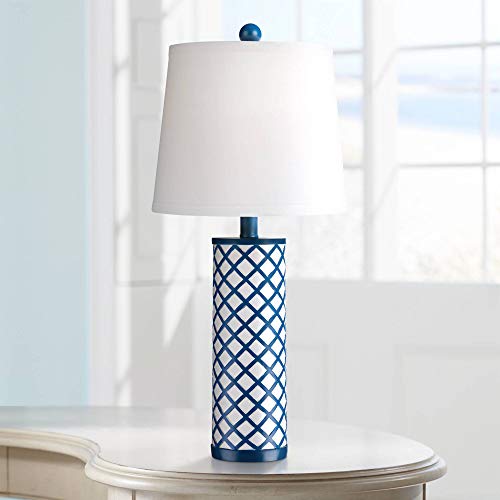 Gisele Modern Table Lamp Blue Lattice Column Diamond Markings White Drum Shade for Kids Room Bedroom Bedside Nightstand - 360 Lighting