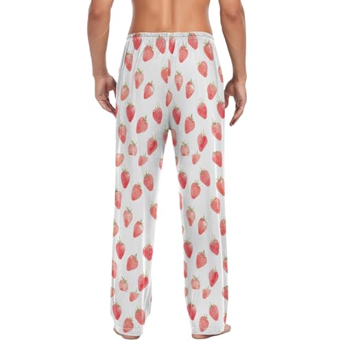 Men’s Cute Watercolor Strawberry Pajama Pants with Pockets, Comfortable Lounge Sleep Bottoms#3202