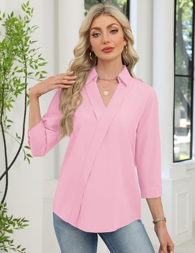 Image of LOMON 3 /4 Length Sleeve Womens Tops Dressy V Neck Collared Shirts Trendy Business Casual Work Blouses Vacation Outfits 2026