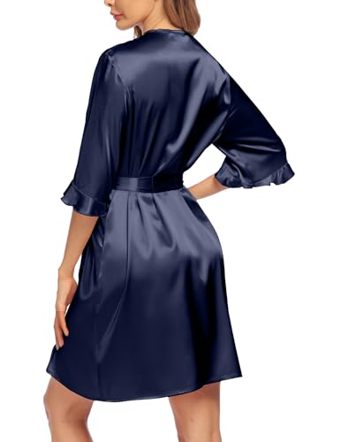 Image of Ekouaer Women's Satin Robe Valentines Lingerie for Women Kimono Bathrobe Short Ruffle Belted Robes Bridesmaids Sleepwear