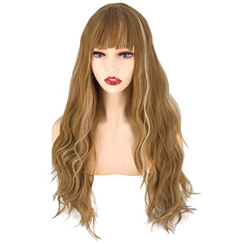 TopWigy Long Brown Wavy Wig with Bangs 28 Inches Brown Mixed Blonde Wig Long Light Brown Wig Curly Wavy Hair Wigs for Women Cosplay Costume Party Wig