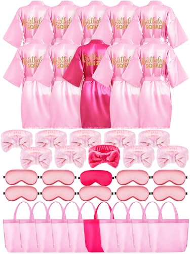 Bokon 40 Pcs Girls Spa Party Supplies 10 Birthday Squad Princess Robe 10 Tote Bags 10 Headbands 10 Spa Masks for Birthday