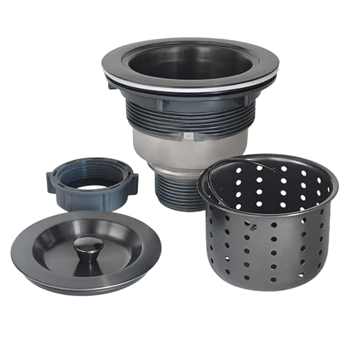 GZILA - Kit de montaje de colador de desagüe para fregadero de cocina, 3-1/2 pulgadas, color negro, colador de cesta de residuos profundos con tapa de sellado, tapón de...