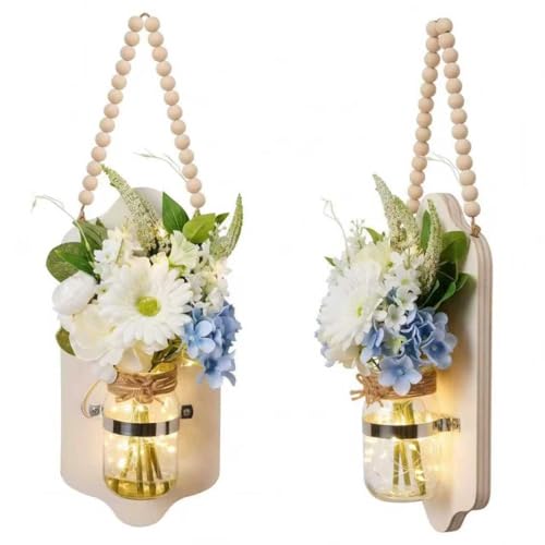 FGDECORJOIE 2 pcs Lighted Mason Jar Wall Decor with Artificial