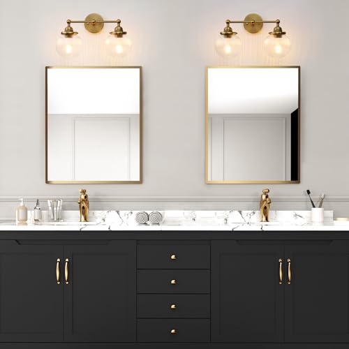 Image of Yosoan 2-Light Indoor Boho Vanity Wall Sconce with Striped Round Glass, Brass Gold Modern Hardwired Vintage Industrial Wall Mount Farmhouse Retro Ribbed Shade for Bathroom Kitchen Bedroom(Antique)