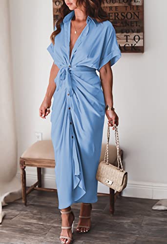 Image of Linsery Long Dress Women Elegant Satin Short Sleeve Button Belted Shirt Work Dress Light Blue L