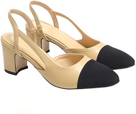LEHOOR Chunky Heel Slingback Pumps Cap Toe Two Toned for Women, Almond Pointy Toe Mid Block Heel Sandals Quarter Strap Hollowed Backless D’Orsay Slip On Sandals Office Party Prom Beige 8 M US
