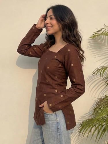 ANNI Designer Kurti Short en coton pour femme | Kurti élégant | Haut court Kurti | Kurta décontractée pour femme | Kurtis en coton confortable pour femme, marron, M – vue 6