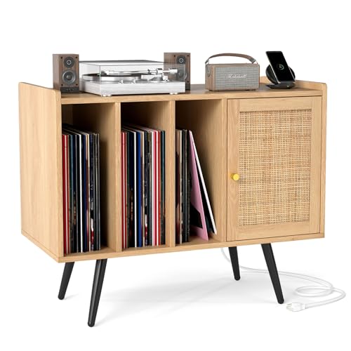 COSTWAY Meuble Vinyle avec Prise, Rangement Vinyle pour 220 Albums, Rangement CD/DVD Manga, Armoire à Porte Cannage,Support pour Tourne-disque, Meuble Hifi pour Salon, Chambre (Naturel)