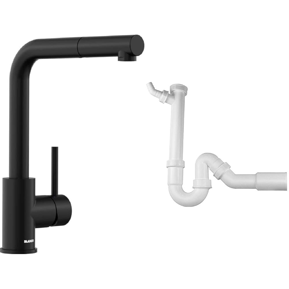 BLANCO MILA-S | Küchenarmatur in schwarz matt | Hochdruck & Geruchsverschluss (Siphon) 1,5'' x 50 mm (Abgang Ø=40 oder 50 mm)