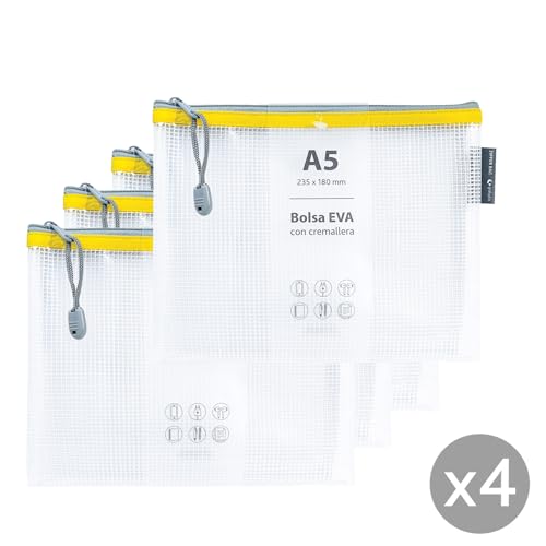 Grafoplas 4er-Pack Reißverschlusstaschen aus EVA A5, aus transparentem EVA-Schaum, gelber Reißverschluss, ideal für den Transport und Schutz aller Arten von Gegenständen, Dokumenten, Kosmetika oder