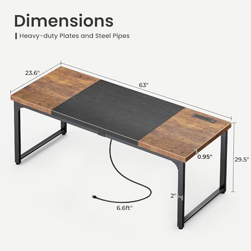 Huuger 63 x 24 inch Desk with Power Outlets & USB-C, Deeper & Thicker Desktop, Robust Metal Tubes, Computer Desk, Heavy Duty Office Desk, Gaming Desk for Home Office, Rutsic Brown and Black
