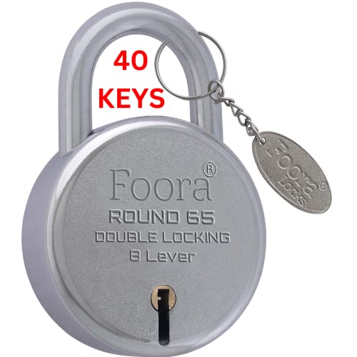 Image of Foora Round 65mm Padlock | Metal Body | 8 Lever Double Locking | 40 Keys + Keychain | Door, Gate, Shutter Security | Silver Finish | Made in India