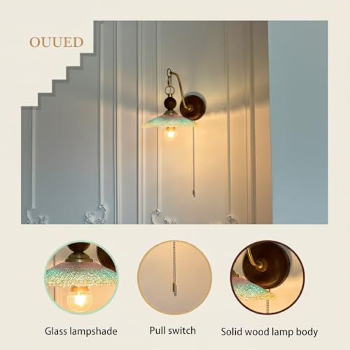 Aplique de pared moderno E14 para lámpara de noche con pantalla iridiscente y base de madera 4