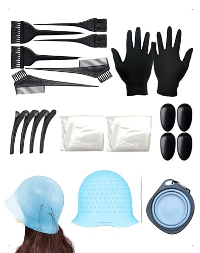 SanKristo 20 Pièces Outil Ensemble Coloration des Cheveux, Réutilisable Bol Teinture Pinceaux Bonnet À Mèches En Silicone Avec Le Crochet Cache-Oreilles Gants Pince à Cheveux Kit DIY Salon Domestique