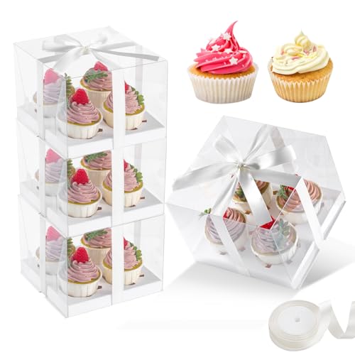 JCD 4-Pack Transparent Cupcake Boxes, 4 Count Cake Containers with Gift Ribbon, Plastic Carrier for Treats, Desserts, Cookies, Muffins, Pastries, and Parties