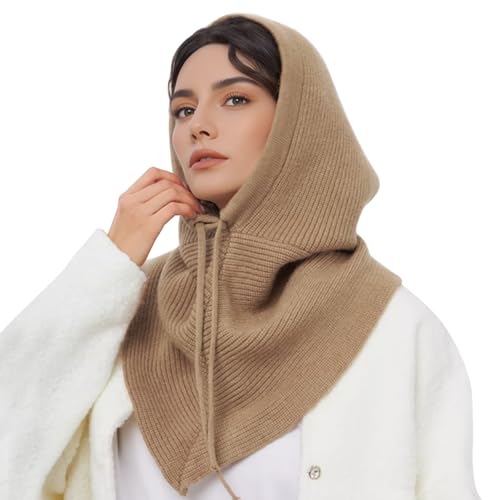 Peicees Oversized Balaclava with Large Shawl Knitted Hooded Scarf Beanie Hat Womens Winter Drawstring Neck Gaiter Fashion XXL Camel