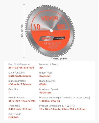 VEVOR Kreissägeblatt (254 mm φ & 80 scharfe Zähne & 2,6 mm Dicke) ideal für Aluminiumschneiden, kompatibel mit Kreissäge, Sägeblatt aus legiertem Stahl mit geräuschreduzierenden Wärmeabzügen