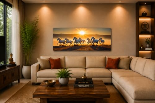 Image of 7 Horse Vastu Sunrise Canvas Painting | Positive Energy Wall Decor | Big Size Premium Running Horses Artwork for Home, Office & Hall Decoration (Modern, Golden Horse, 44x20 Inch)