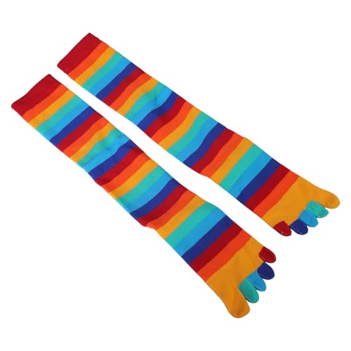 Image of Women Split Toe 5 Finger Calf Socks Rainbow Colorful Stripe Print Hosiery