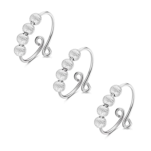 CASSIECA 3PCS Anneaux pour Femmes Spinner Fidget Anneau Bague Ouverte Simple Bobine Spirale Perles Tourner Librement Tricot Outils Boucle À Tricoter Réglable Crochet Argent Mat Cover