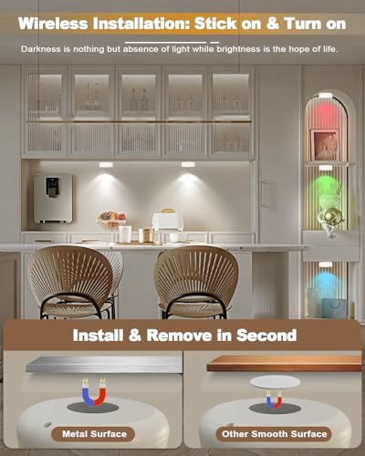 USB Rechargeable Closet Lighting Wireless Under Cabinet Lights Battery Operated with Remote Control, LED Puck Lights Magnetic Stick on Shelf Lighting Push Tap Touch Under Counter Light For Kitchen RGB