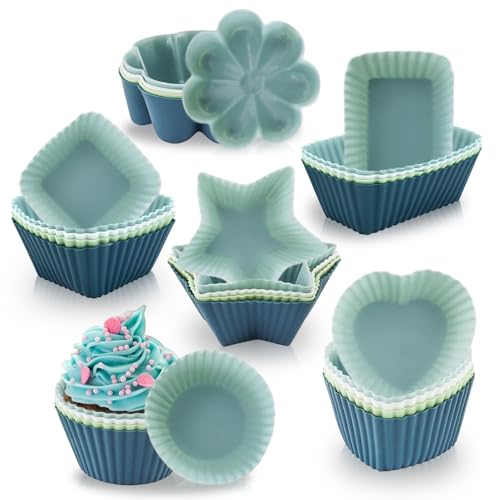 mizikuu 24 Stück Silikon Muffinförmchen, Wiederverwendbare Muffinformen Silikon 6 Typen Formen 4 Farben Cupcake Förmchen Antihaft Beschichtete Muffin Silikonform für Kuchen, Eincreme, Pudding